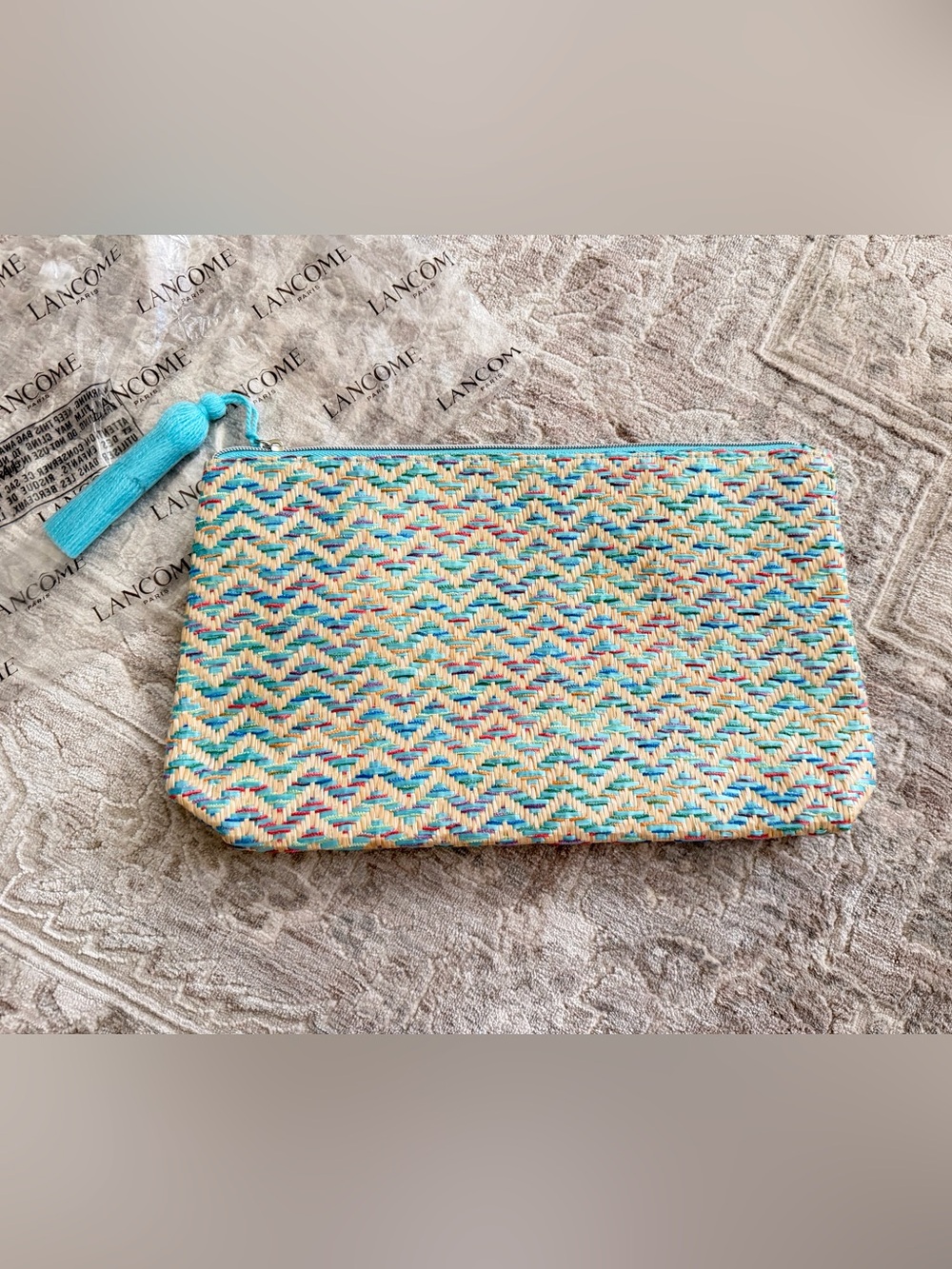 Lancôme Woven Raffia Style Clutch Pouch Turquoise Tassel Zip Bag New